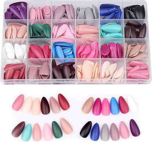 576 Pieces Matt Almond Nails for Gluing Medium, 24 Colours Plain Press On Nails Short, Reusable Artificial Nails Fake Nails with Nail File, Oval Fingernails Artificial Nails for Women