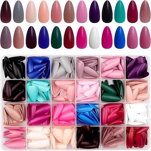 576 Pieces Matt Almond Nails for Gluing Medium, 24 Colours Plain Press On Nails Short, Reusable Artificial Nails Fake Nails with Nail File, Oval Fingernails Artificial Nails for Women